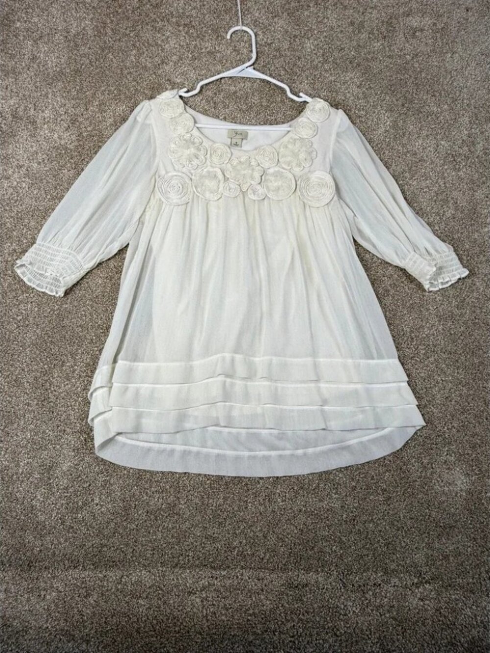 Yvos Ivory Floral Rosette Chiffon Tunic Blouse Smocked 3/4 Sleeve‎ Size 8